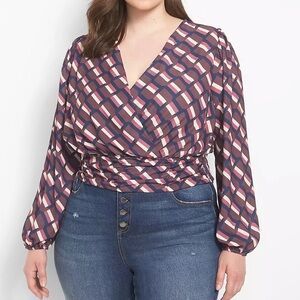 Lane Bryant Multicolor Geometric Classic Long-Sleeve Surplice-Neck Crop Blouse